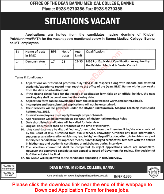 Demonstrator Jobs in Bannu Medical College 2017 April Application Form Download Latest in Bannu